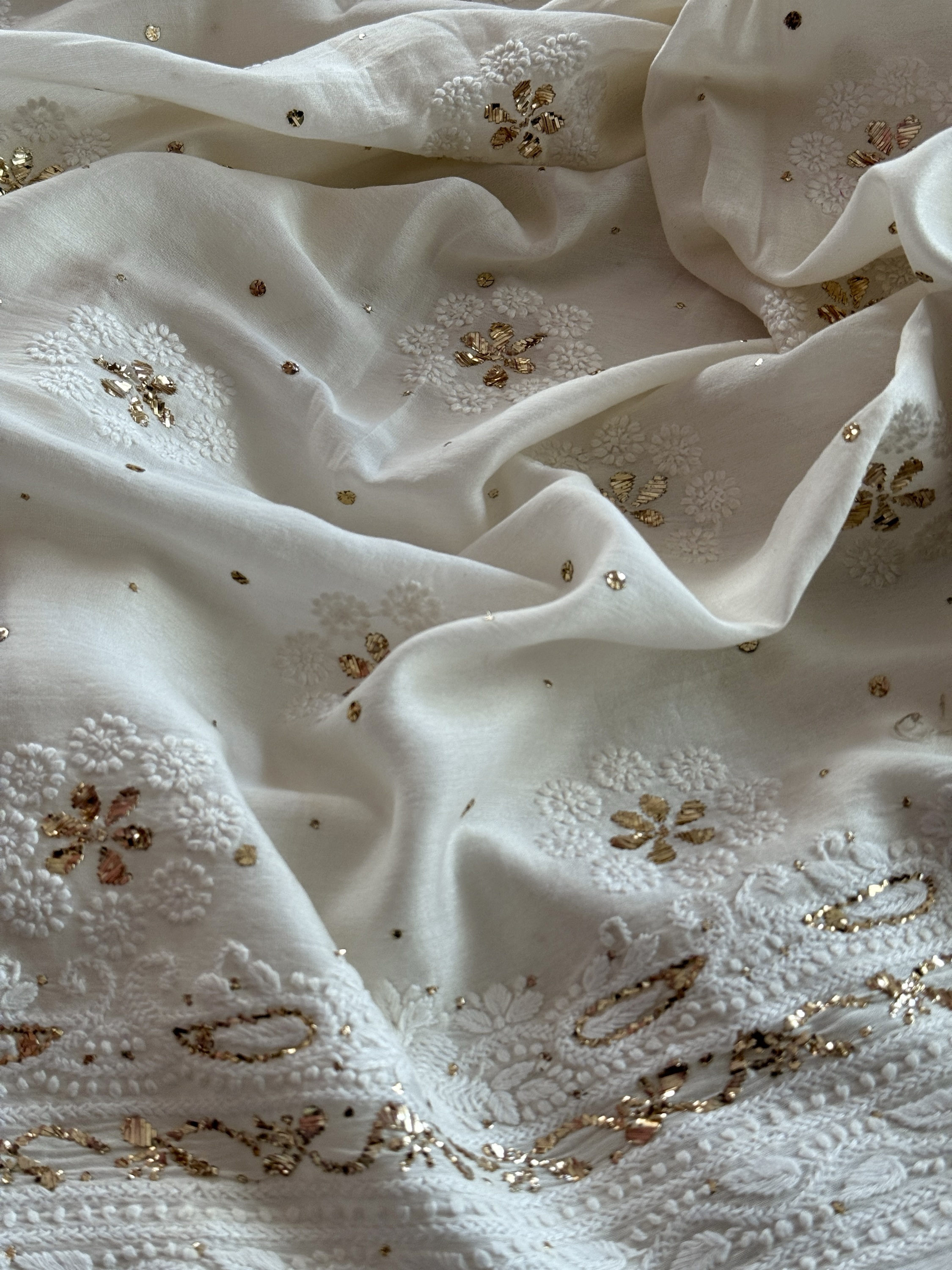 Off-white Chanderi Chikankari & mukaish kurta fabric - Image 2