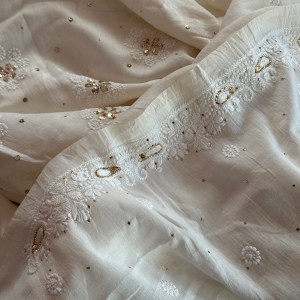 Off-white Chanderi Chikankari & mukaish kurta fabric - Image 3