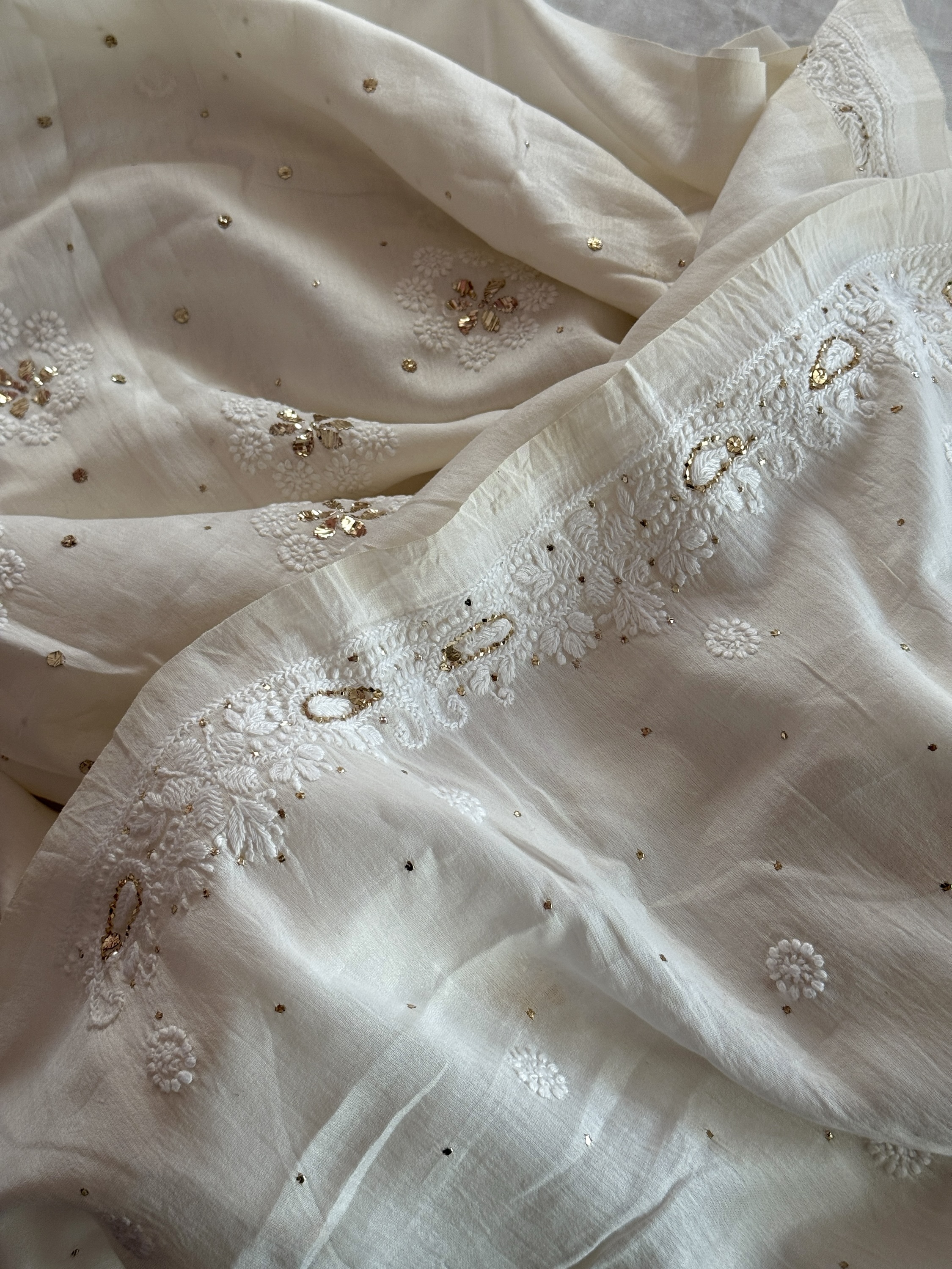 Off-white Chanderi Chikankari & mukaish kurta fabric - Image 3