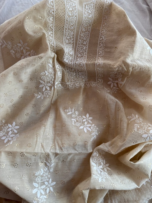 Beige tissue Chanderi Chikankari & mukaish kurta fabric