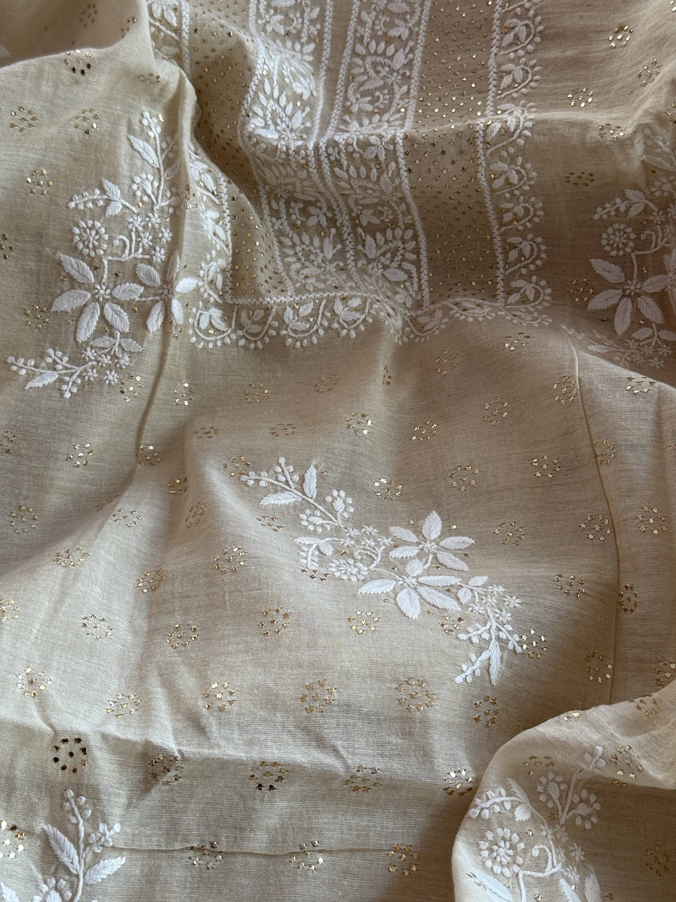 Beige tissue Chanderi Chikankari & mukaish kurta fabric - Image 3