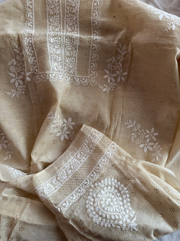 Beige tissue Chanderi Chikankari & mukaish kurta fabric