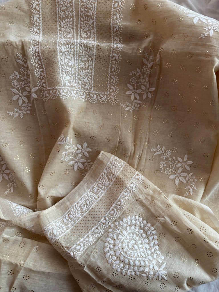 Beige tissue Chanderi Chikankari & mukaish kurta fabric