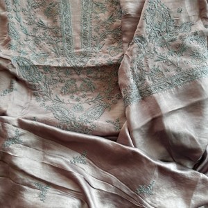 Grey satin linen Chikankari kurta fabric