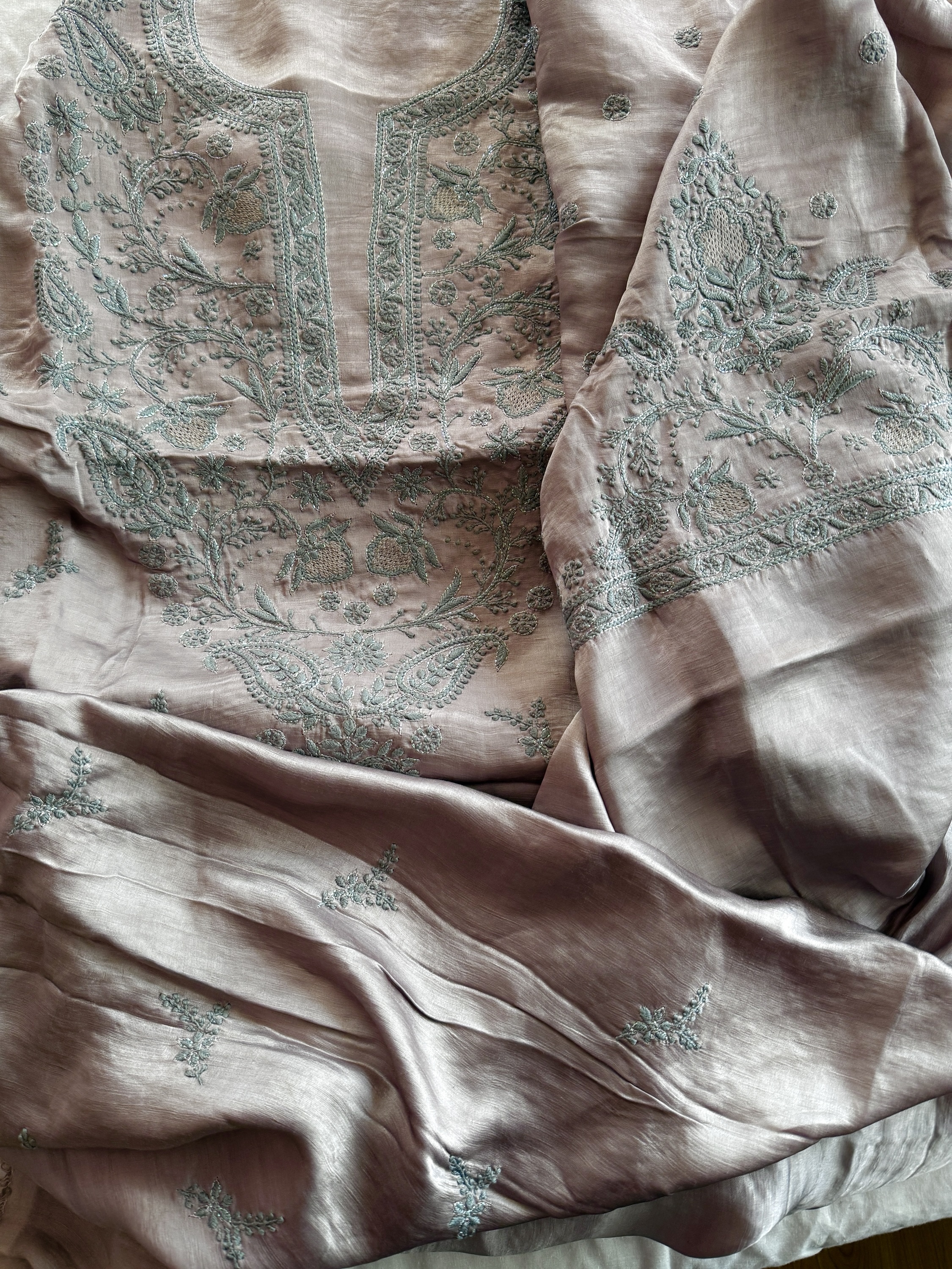 Grey satin linen Chikankari kurta fabric - Image 1