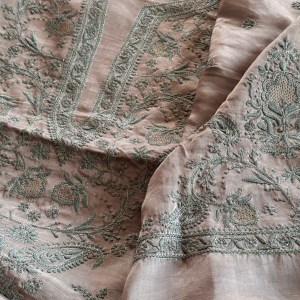 Grey satin linen Chikankari kurta fabric - Image 2
