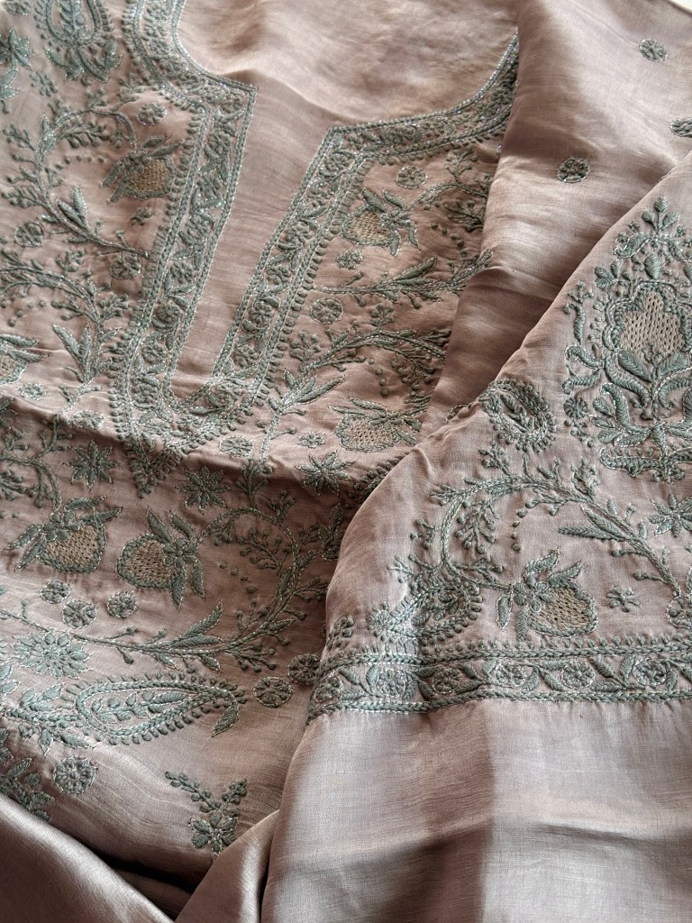 Grey satin linen Chikankari kurta fabric