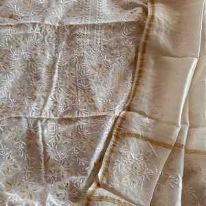 Off-white Chanderi unstitched Chikankari kurta dupatta set with appliqué work