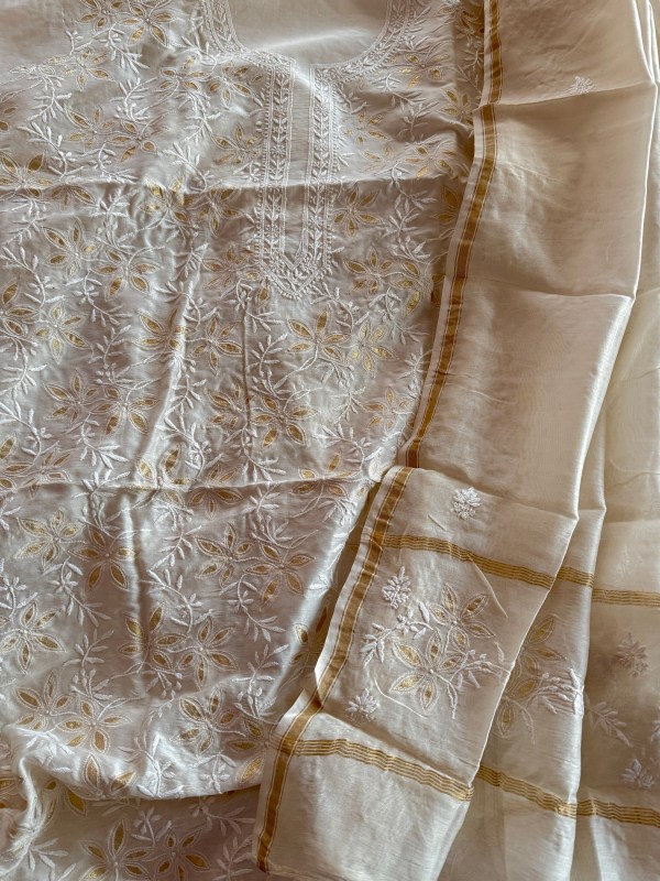 Off-white Chanderi unstitched Chikankari kurta dupatta set with appliqué work