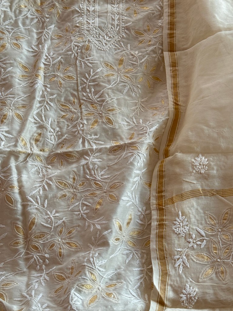 Off-white Chanderi unstitched Chikankari kurta dupatta set with appliqué work