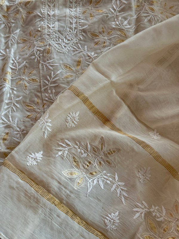 Off-white Chanderi unstitched Chikankari kurta dupatta set with appliqué work