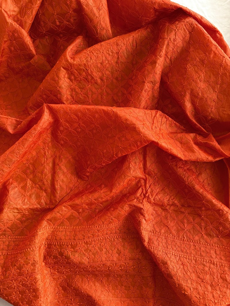 Orange Pure Tussar Silk Chikankari kurta piece