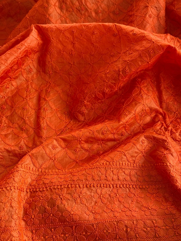 Orange Pure Tussar Silk Chikankari kurta piece