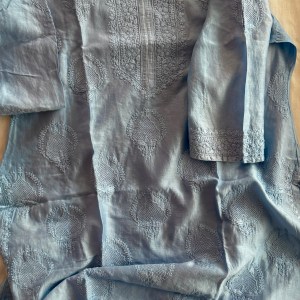 Blue Cotton Chanderi ready to wear Chikankari kurti with Jaali work motifs