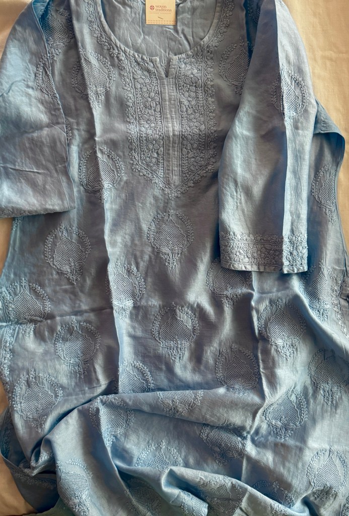 Blue Cotton Chanderi ready to wear Chikankari kurti with Jaali work motifs