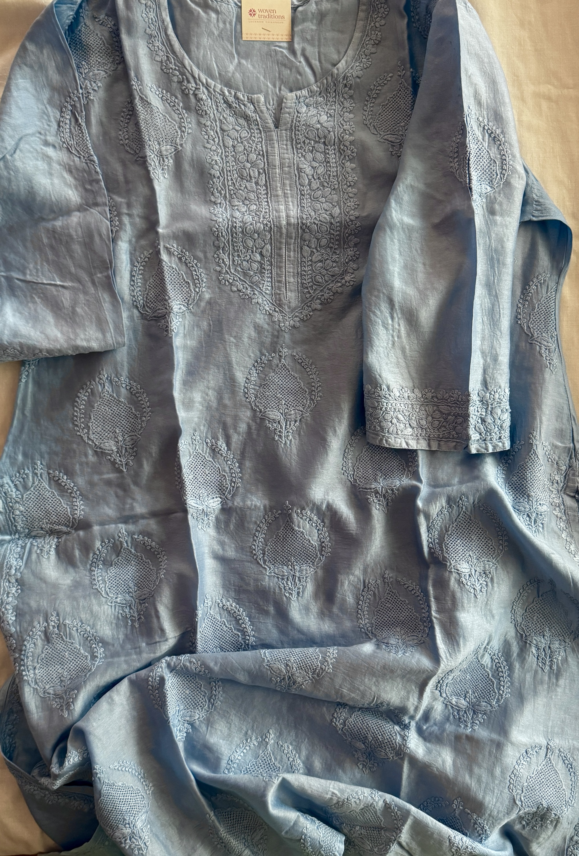 Blue Cotton Chanderi ready to wear Chikankari kurti with Jaali work motifs - Image 1