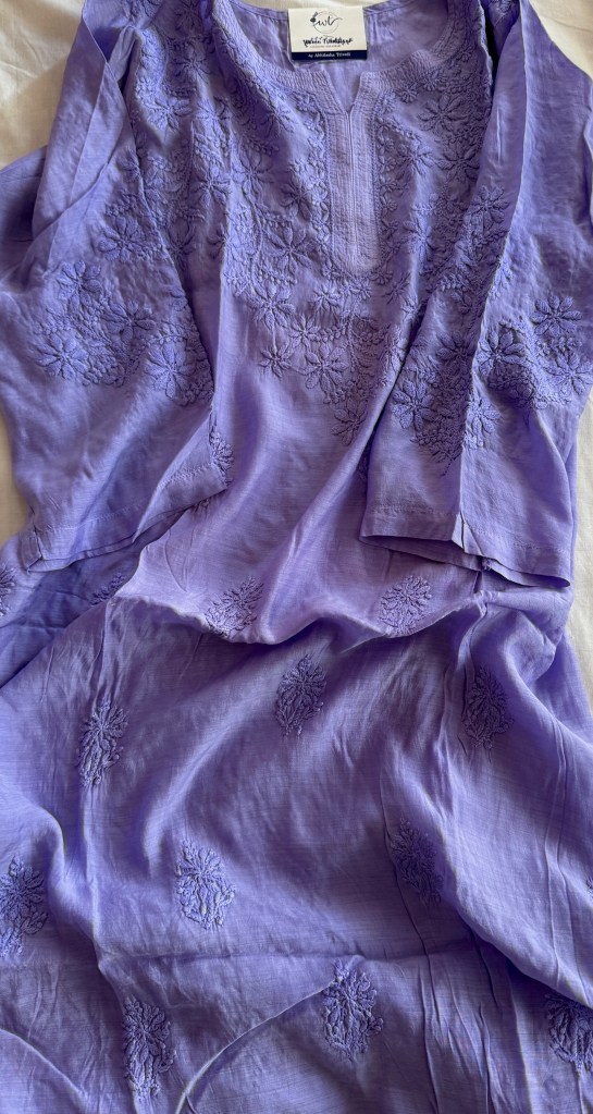 Lilac Chanderi mulmul ready to wear Chikankari kurti
