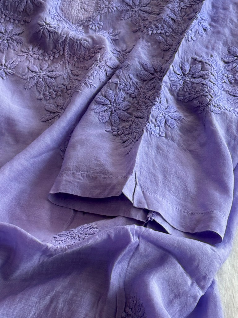 Lilac Chanderi mulmul ready to wear Chikankari kurti