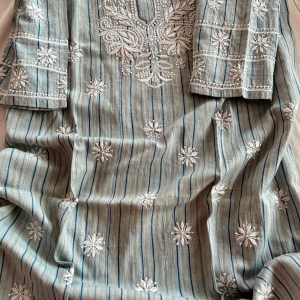 Blue stripes organic handloom ready to wear Chikankari kurti