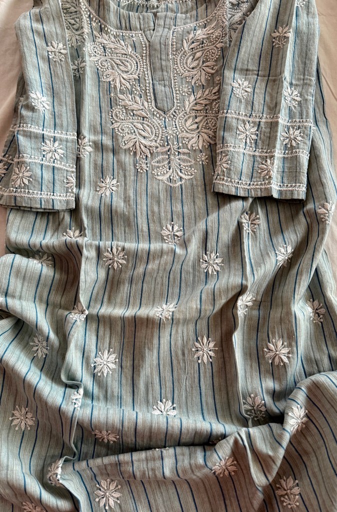 Blue stripes organic handloom ready to wear Chikankari kurti