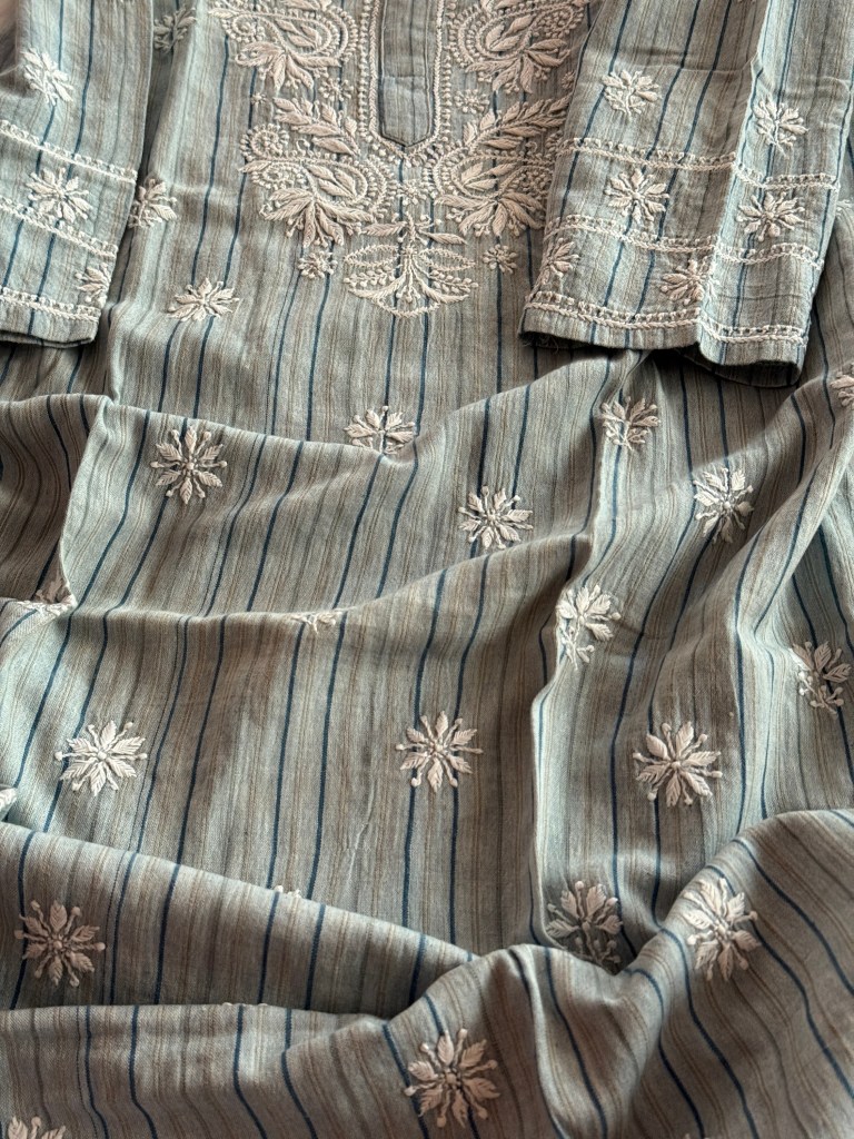 Blue stripes organic handloom ready to wear Chikankari kurti