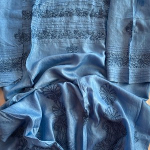 Indigo blue pure Muga Tussar silk ready to wear Chikankari kurti - Image 3