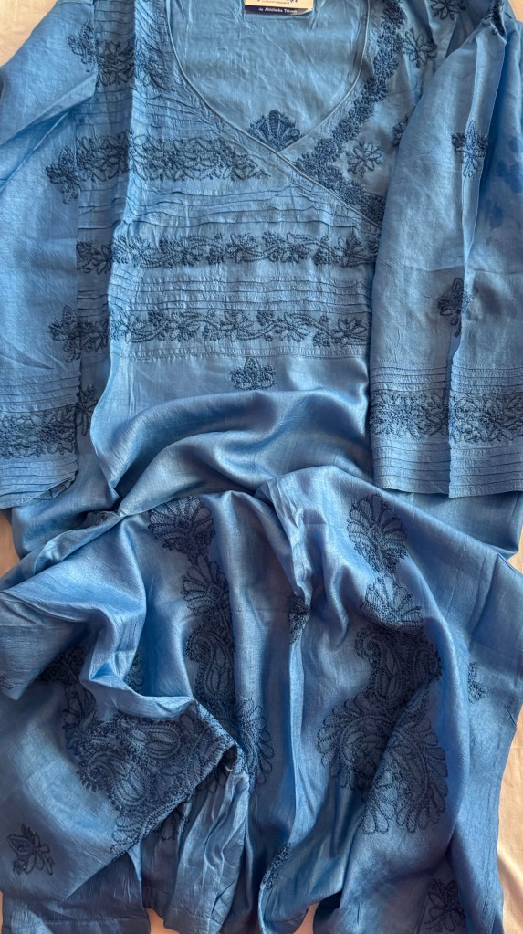 Indigo blue pure Muga Tussar silk ready to wear Chikankari kurti