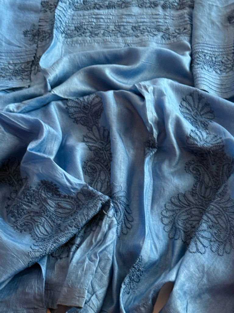 Indigo blue pure Muga Tussar silk ready to wear Chikankari kurti
