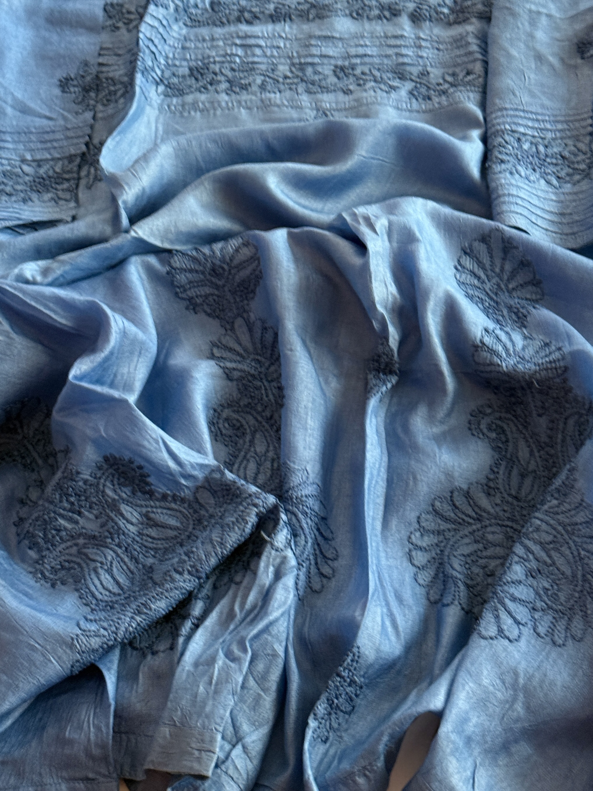 Indigo blue pure Muga Tussar silk ready to wear Chikankari kurti - Image 4