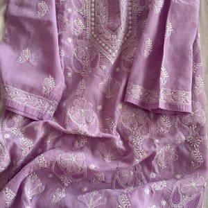 Lilac cotton voil ready to wear Chikankari kurti - Image 4