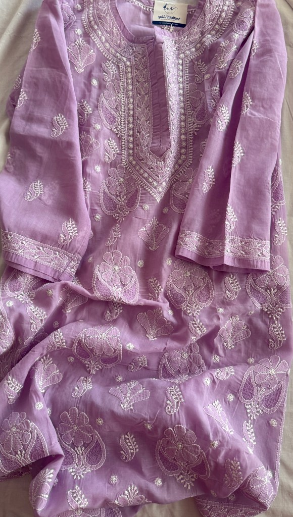 Lilac cotton voil ready to wear Chikankari kurti