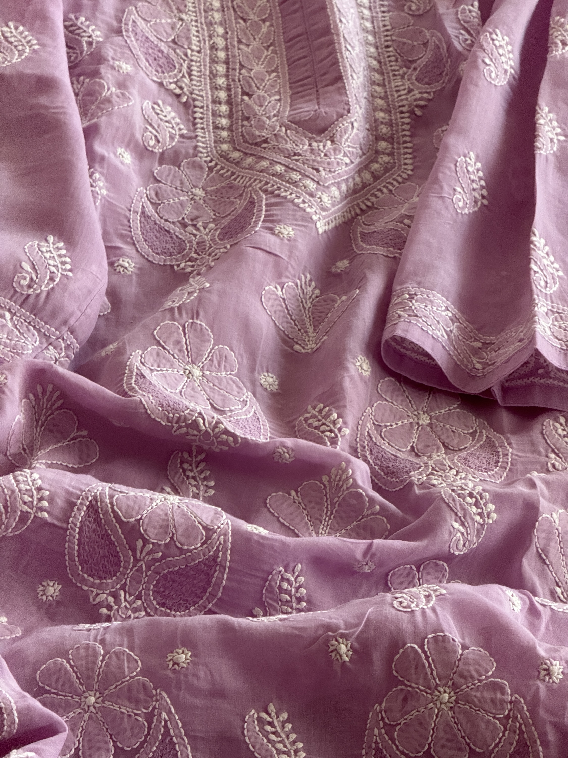 Lilac cotton voil ready to wear Chikankari kurti - Image 3