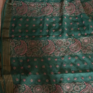Teal green pure chiffon Chikankari saree with blouse - Image 2