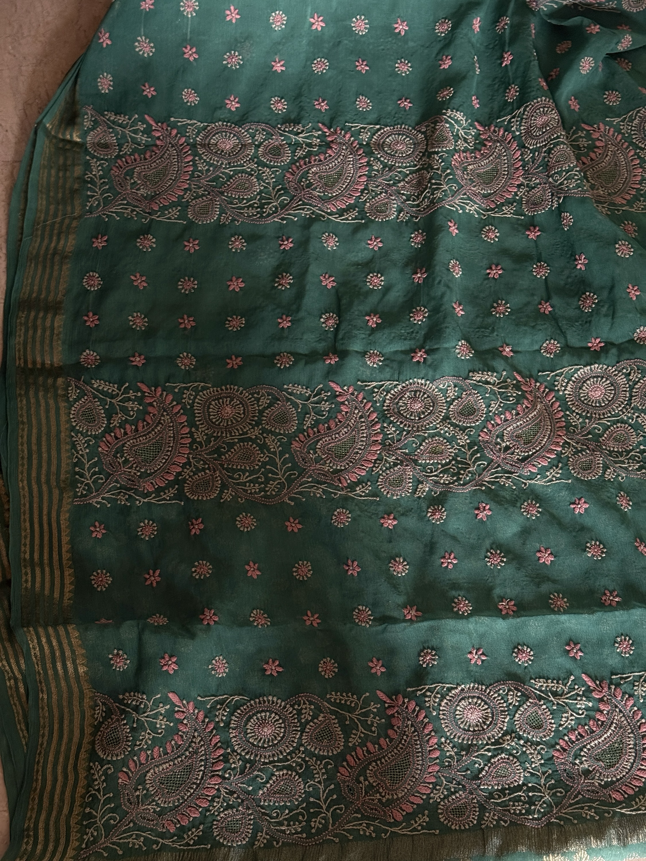 Teal green pure chiffon Chikankari saree with blouse - Image 2