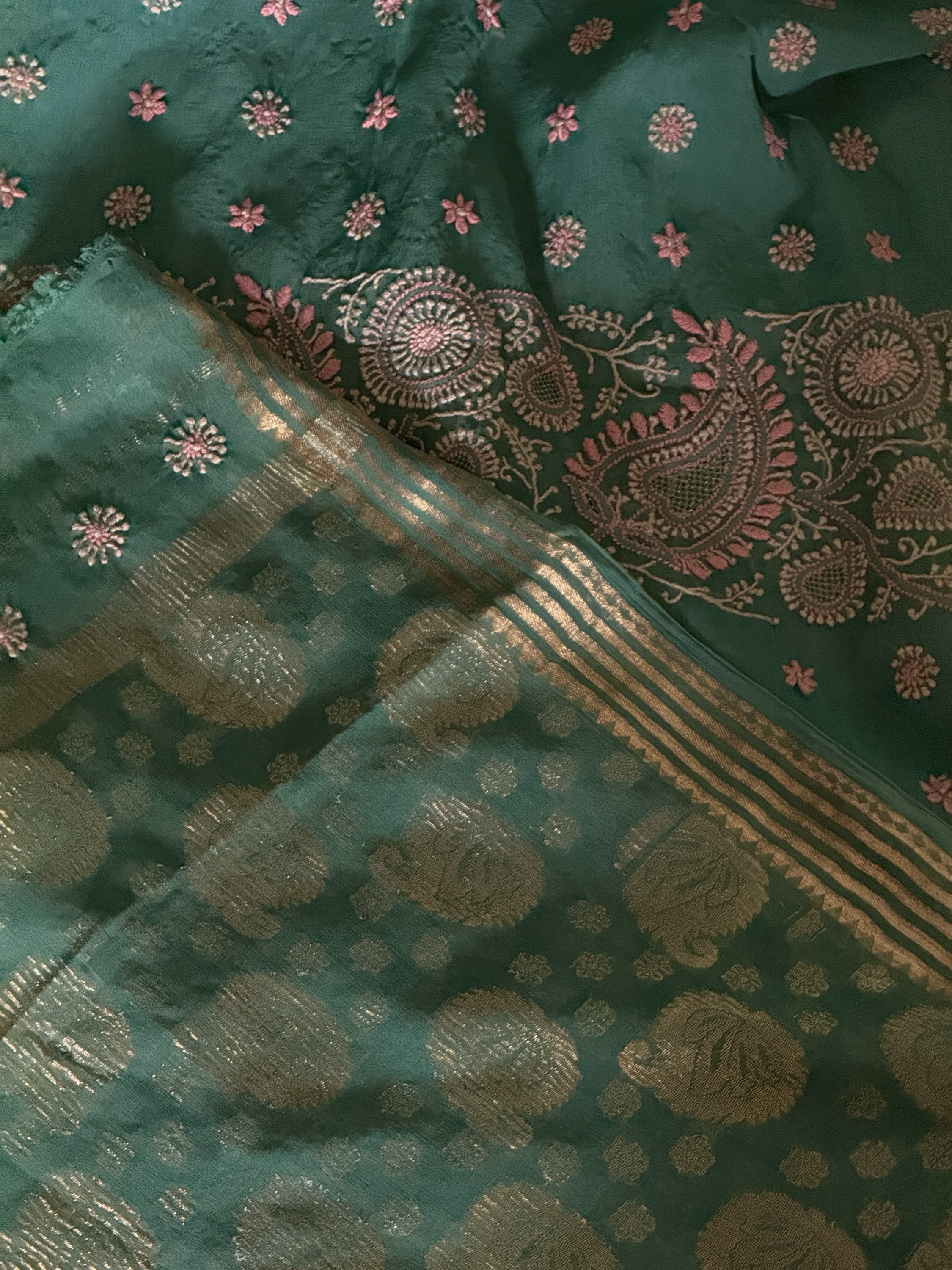 Teal green pure chiffon Chikankari saree with blouse - Image 4