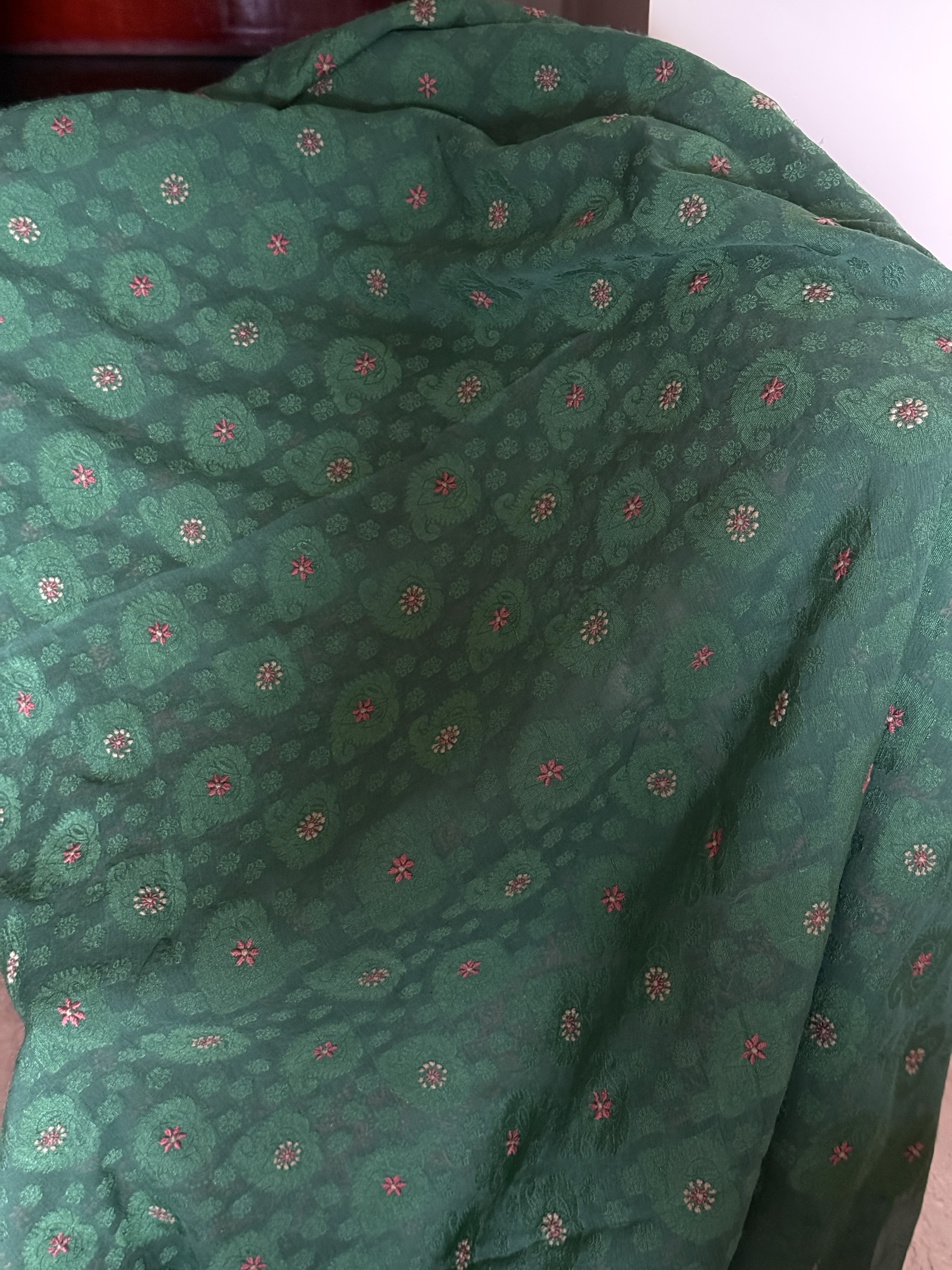 Teal green pure chiffon Chikankari saree with blouse - Image 3