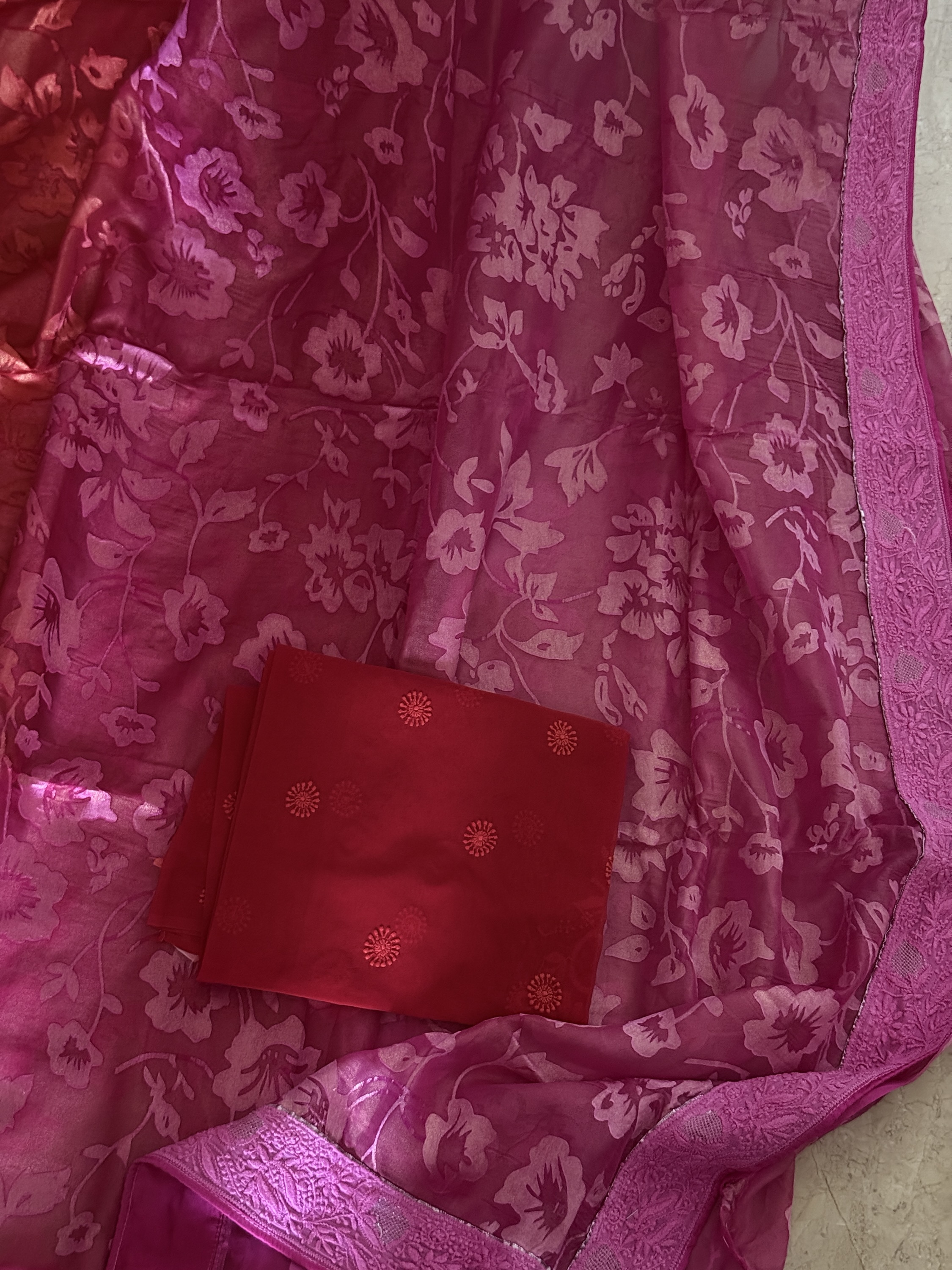 Pink and orange ombré pure jacquard georgette Chikankari saree with blouse - Image 2