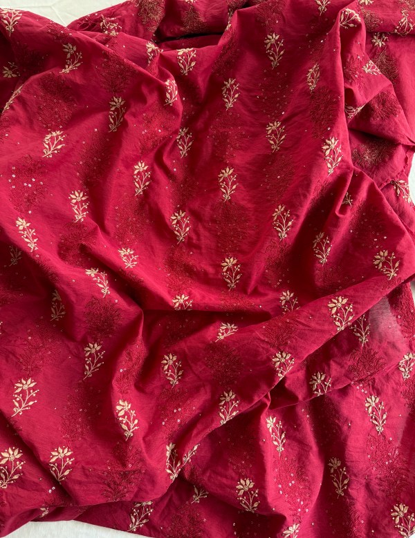 Red pure cotton Chikankari kurta fabric