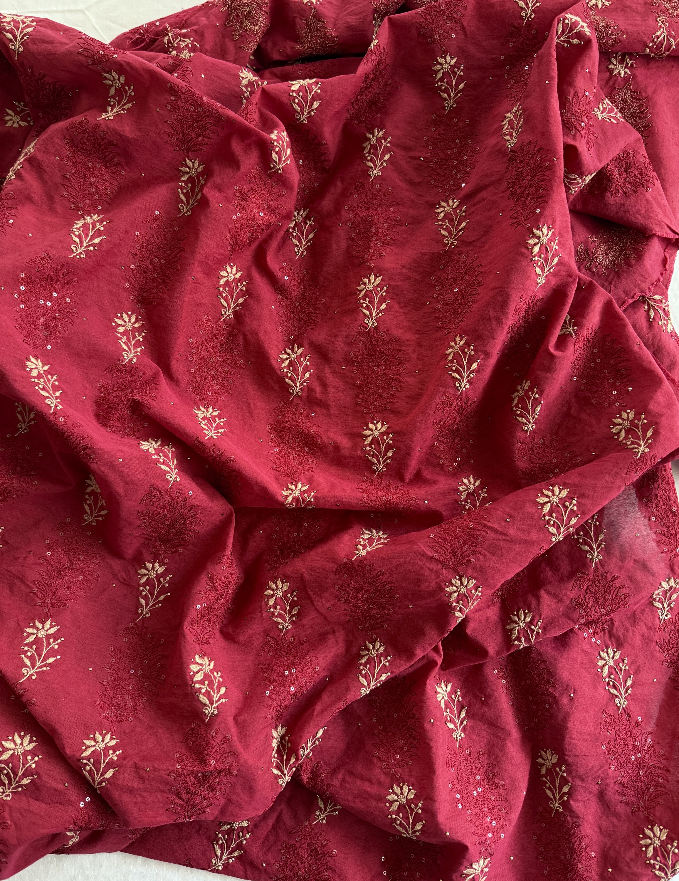Red pure cotton Chikankari kurta fabric - Image 1