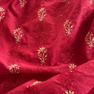 Red pure cotton Chikankari kurta fabric - Image 2