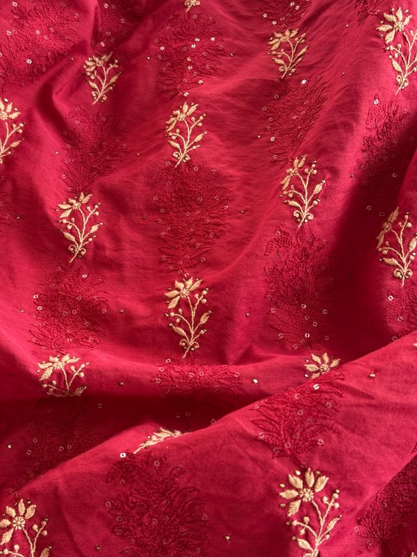 Red pure cotton Chikankari kurta fabric
