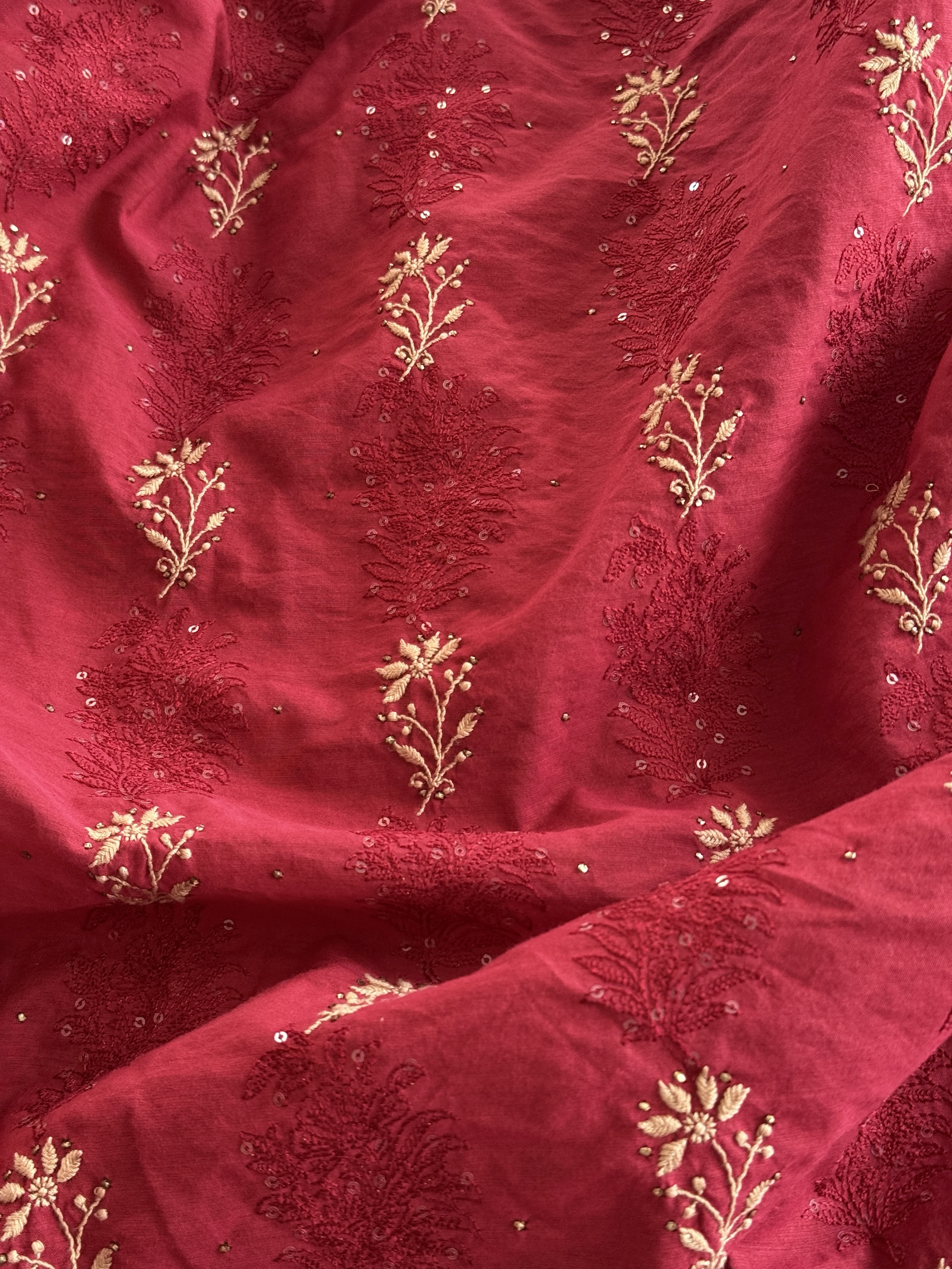 Red pure cotton Chikankari kurta fabric - Image 2