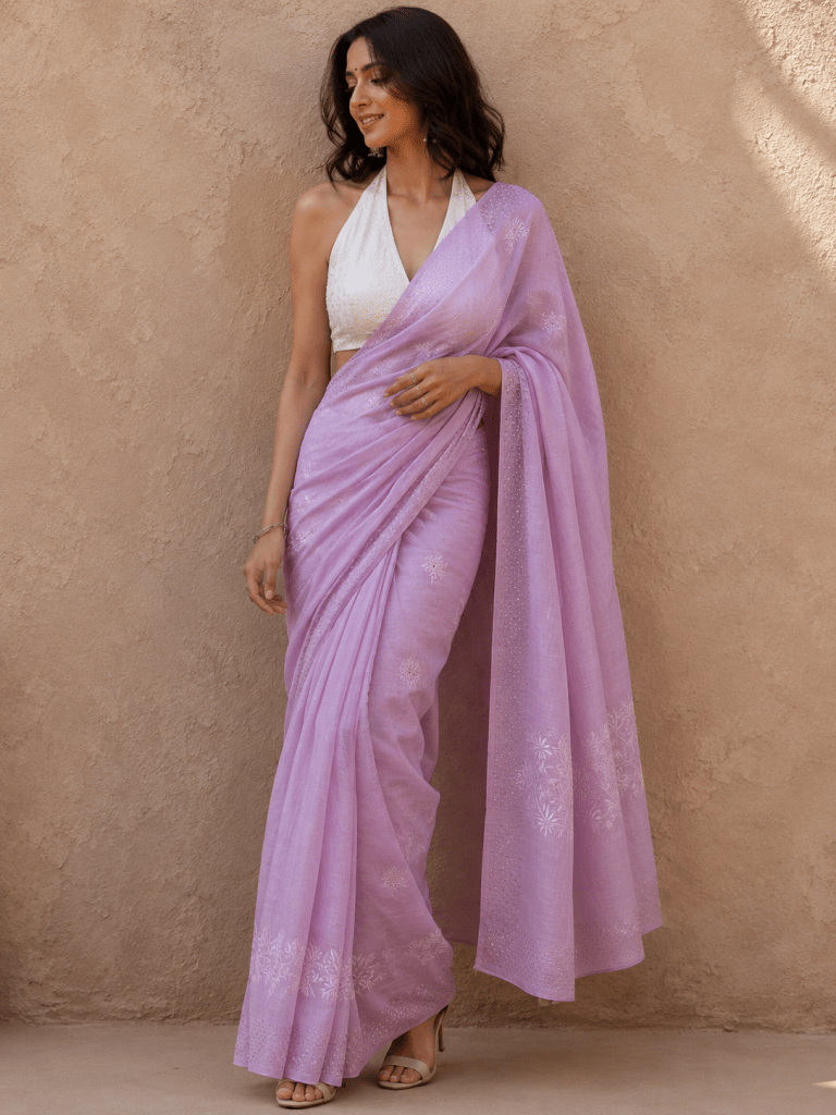 Lilac pink pure linen Chikankari & mukaish work saree with blouse