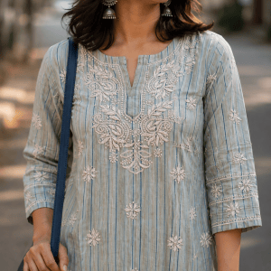 Blue stripes organic handloom ready to wear Chikankari kurti - Image 2