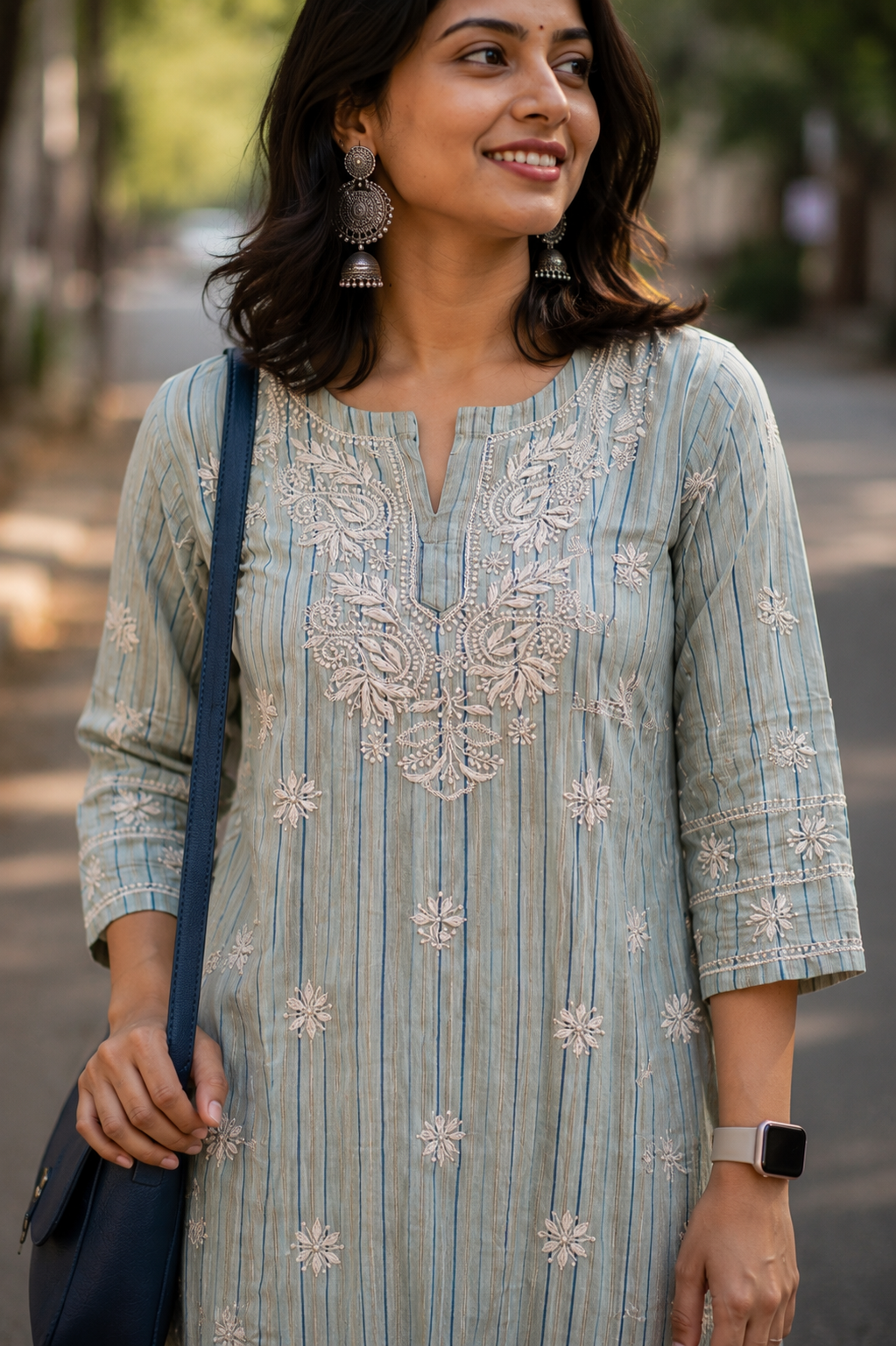 Blue stripes organic handloom ready to wear Chikankari kurti - Image 2
