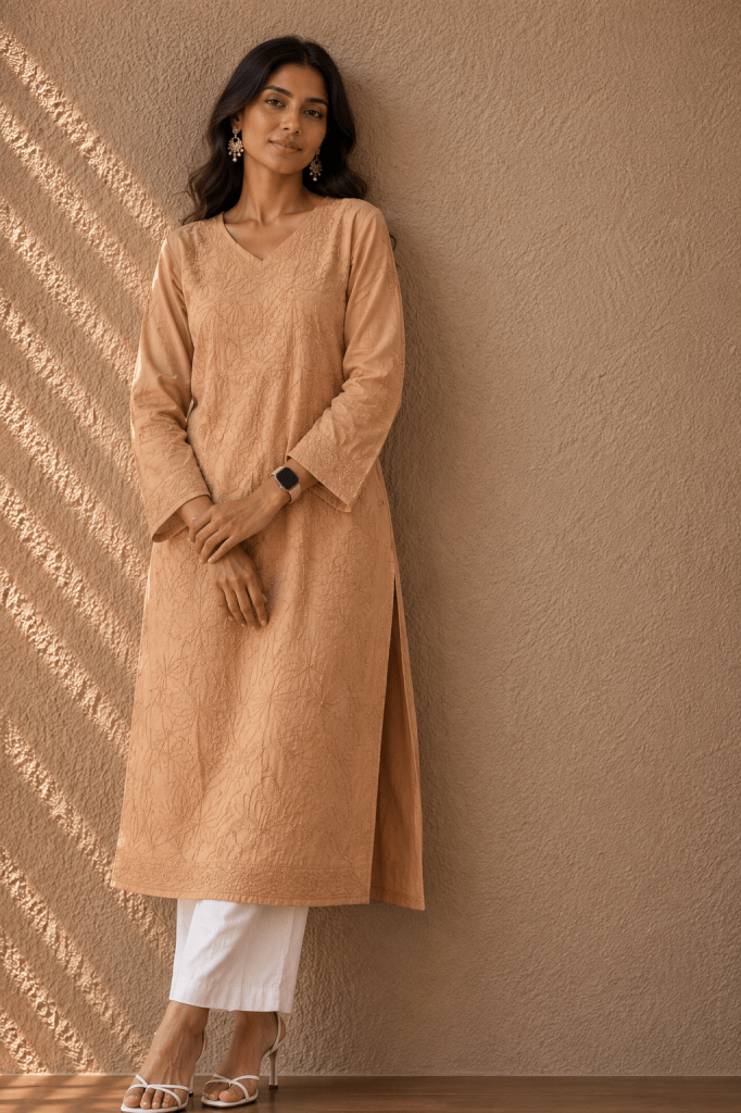 Fawn pure cotton Chanderi ready to wear Chikankari kurti