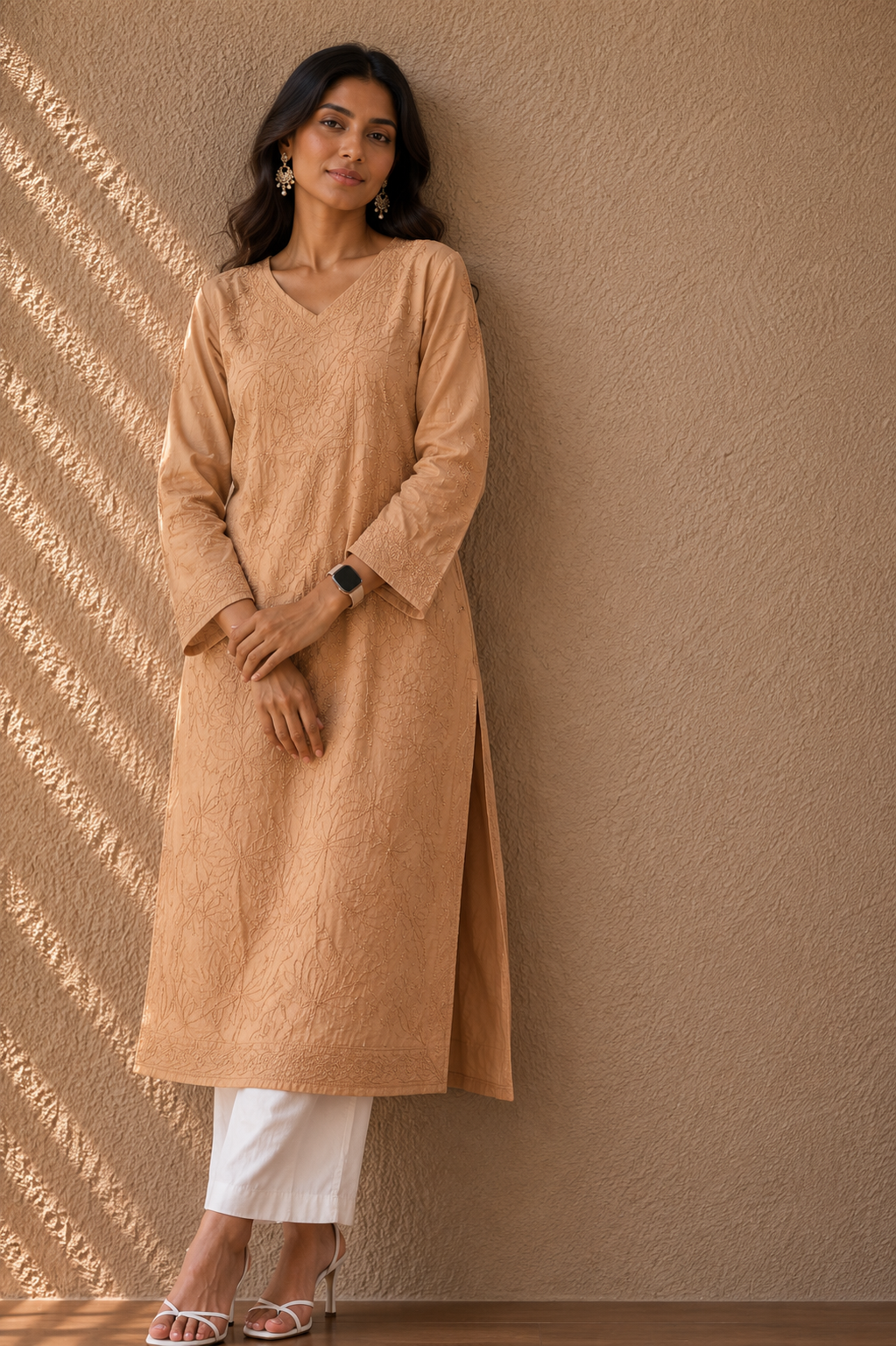 Fawn pure cotton Chanderi ready to wear Chikankari kurti - Image 1
