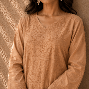 Fawn pure cotton Chanderi ready to wear Chikankari kurti - Image 2