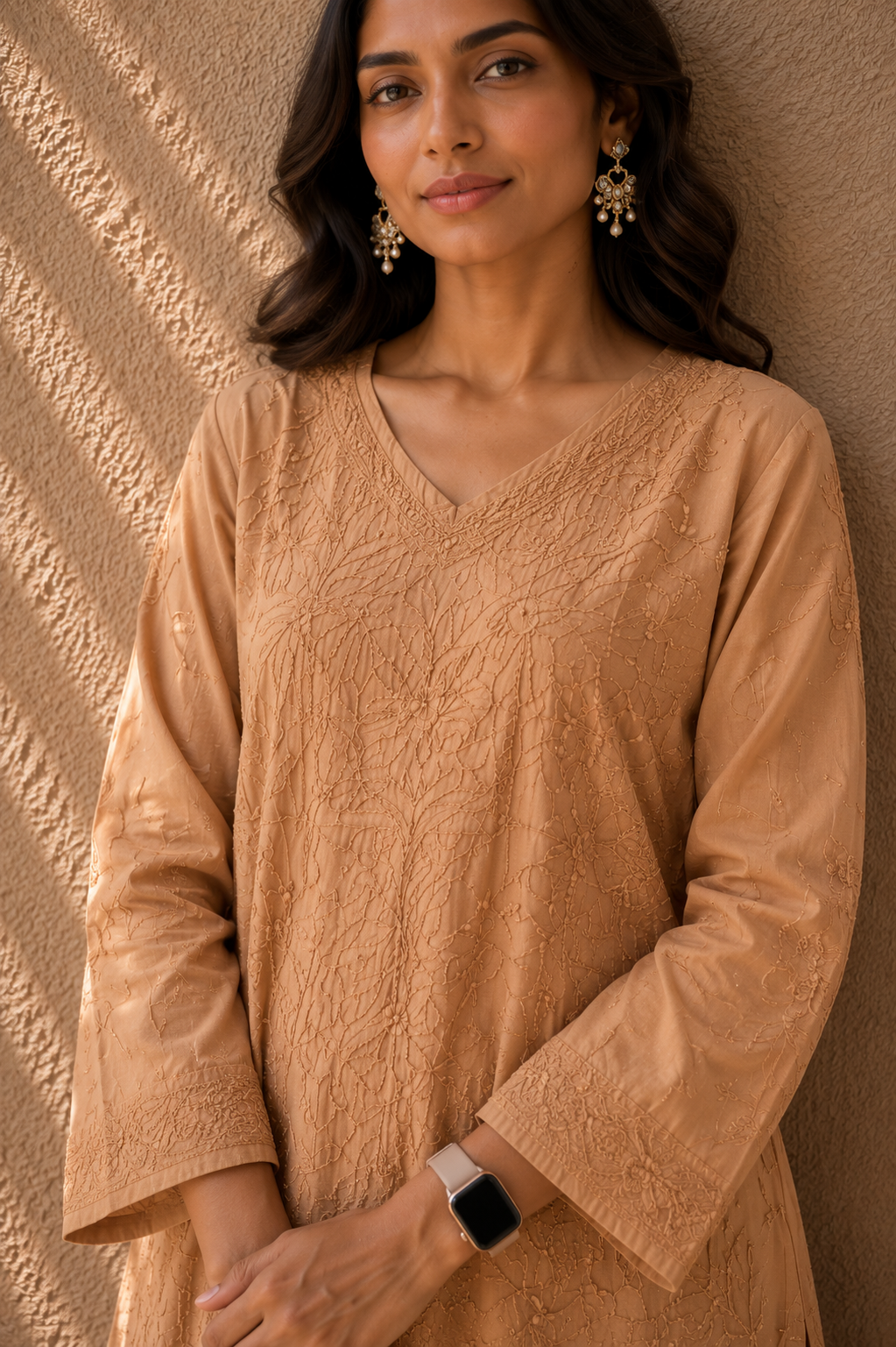 Fawn pure cotton Chanderi ready to wear Chikankari kurti - Image 2