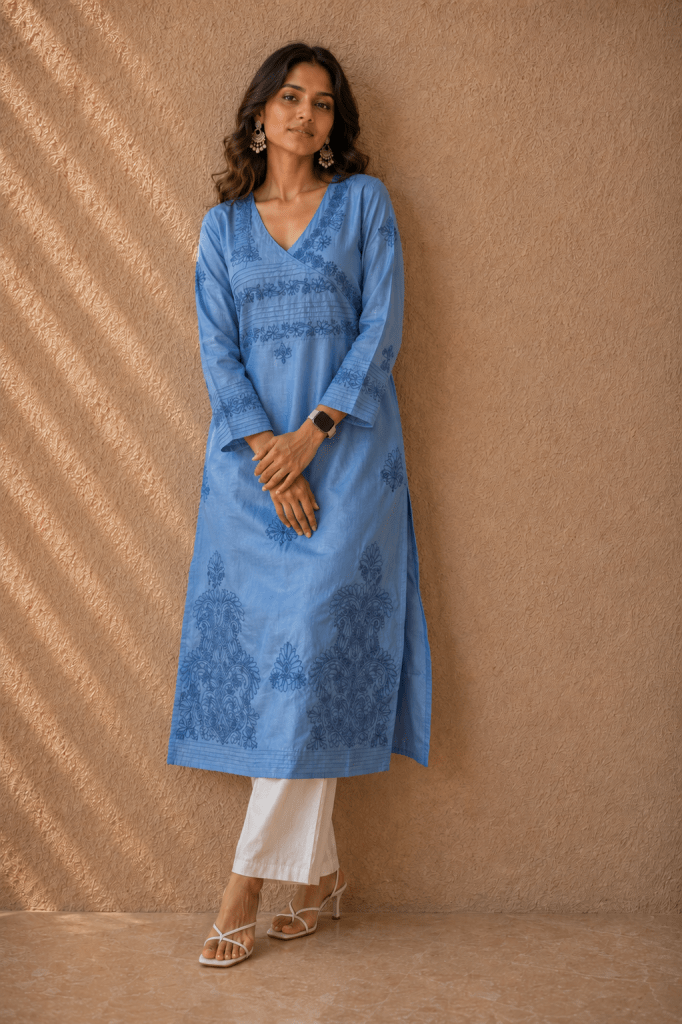 Indigo blue pure Muga Tussar silk ready to wear Chikankari kurti